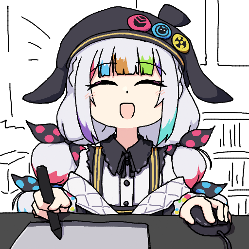 女の子,白髪,カラフルな前髪,帽子,笑顔,ペン,デフォルメ,アイコン