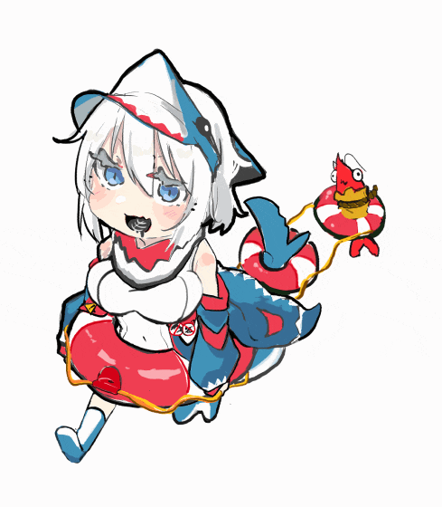 白髪,青い目,少女,赤白衣装,帽子,魚のぬいぐるみ,キャラクター