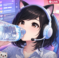 アバター,女性,猫耳,ヘッドセット,配信,水を飲む,VTuber,ライブ,可愛い,アニメ風
