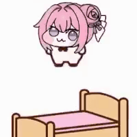 ピンク髪,デフォルメ,アニメキャラ,ベッド,かわいい,ミニキャラ,二次元,ジャンプ,ローズヘア