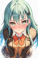 女子高生,制服,リボン,ツンデレ,緑髪,アニメ風,恥ずかしがり