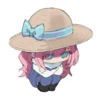 アニメ,キャラクター,帽子,ピンクの髪,青いリボン,座っている