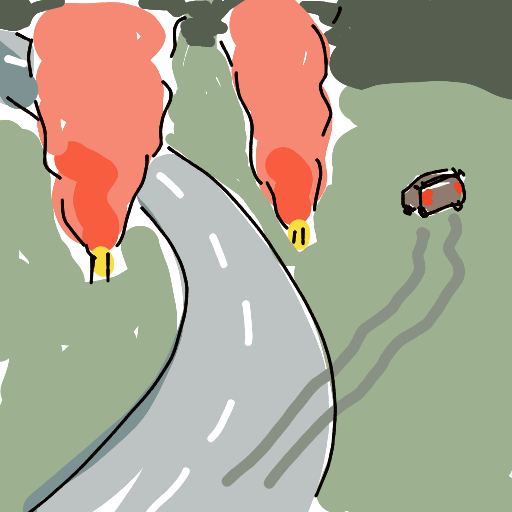道路,カーブ,赤い車,煙,タイヤ痕,イラスト