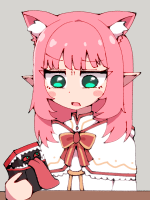 猫耳,ピンク髪,少女,緑目,制服,リボン,驚き顔,ぬいぐるみ