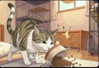 猫,キャットフード,ご飯をこぼす,室内,動物,アニメ風
