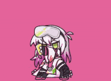 アニメキャラ,ドット絵,女の子,白髪,ゴーグル,ピンク背景,ちびキャラ,口元手