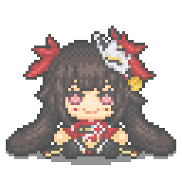 ドット絵,キャラクター,着物,リボン,髪飾り,狐面,笑顔,緑背景