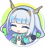 アニメキャラ,笑顔,白髪,青い服,デフォルメ,ヘッドホン風アクセサリ