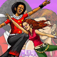 ダンス,男女,イラスト,ポーズ,赤い服,アフロ,アクセサリー,情熱的,笑顔,パープル背景