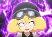 アニメ,女の子,金髪,ゴーグル,笑顔,帽子,悪役,紫色オーラ,スプラトゥーン3,ヒメ