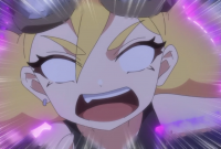 アニメ,女の子,叫ぶ,ゴーグル,怒り,金髪,紫色エフェクト