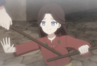 少女,茶髪,青い目,アニメ,棒,手を伸ばす,屋外,かわいい,シーン,ファンタジー