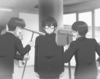 アニメ,学生,男子高校生,学ラン,眼鏡,掃除,モノクロ,教室,いじめ