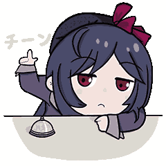 アニメ風,女の子,紫髪,赤い目,眠そうな表情,机,手を振る,チーン