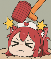 赤髪,猫耳,ナースキャップ,怒り顔,コミカル,ハンマー,擬音,カートゥーン