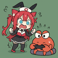 猫耳,バニーガール,赤髪,ツインテール,カニ,ゲームコントローラー,チビキャラ,怒り,驚き