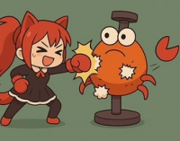 猫耳,女の子,ボクシング,カニ,ギャグ,イラスト,赤髪