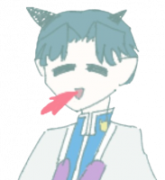 アニメ,キャラクター,青い髪,ツノ,服装,舌を出す