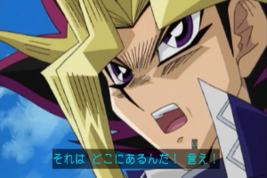 遊戯王,アニメ,キャラクター,男性,金髪,紫色の目,叫ぶ,それはどこにあるんだ！言え！