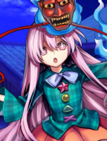 アニメキャラクター,少女,ピンク髪,緑の服,鬼のお面,ファンタジー