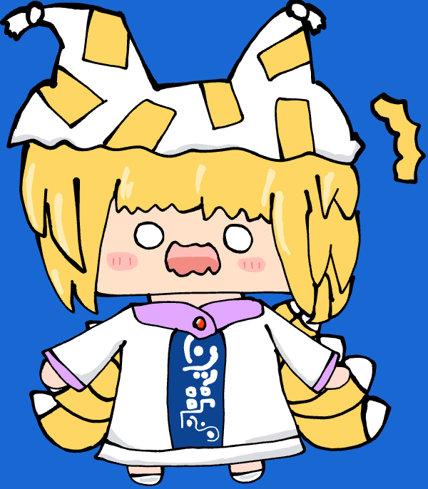 デフォルメ,女の子,狐耳帽子,金髪,あわて顔,東方Project,藍,青背景
