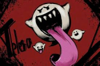 オバケ,マリオ,ブー,モンスター,赤い背景,イラスト,大きな口,長い舌,ホラー,Boo