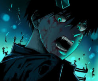 アニメ,男性,叫ぶ,血,暗闇,青い光,ホラー,ショック,漫画