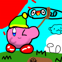 カービィ,帽子,ウィンク,草原,空,雲,赤い靴,星のカービィ