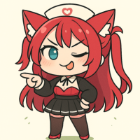 アニメ風,猫耳,女の子,ウインク,ナース帽,赤髪,チビキャラ,制服