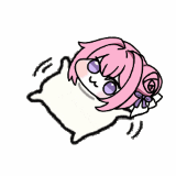 アニメキャラ,ピンク髪,紫目,枕,寝る,可愛い,イラスト,ミニキャラ