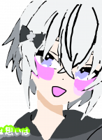 アニメ風,白髪,ショートヘア,紫目,リボン,笑顔,女の子,ピンクほっぺ,想いは