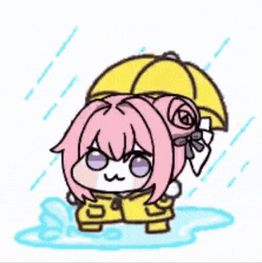 キャラクター,ピンク髪,雨,傘,黄色,レインコート,かわいい,デフォルメ