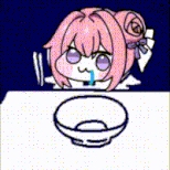 アニメキャラ,ピンク髪,女の子,食事,テーブル,チョップスティック,お椀,よだれ,かわいい,ギャグ