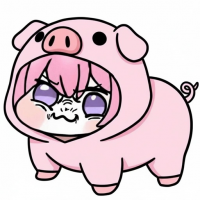 ぶた着ぐるみ,ピンク,アニメ風,女の子,紫目,かわいい,チビキャラ