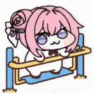 アニメキャラ,可愛い,ピンク髪,ネコ口,デフォルメ,ローズヘアピン,体操,バー,SDキャラ