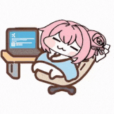アニメ風,女の子,ピンク髪,椅子,パソコン,ゆるい,仕事,デフォルメ
