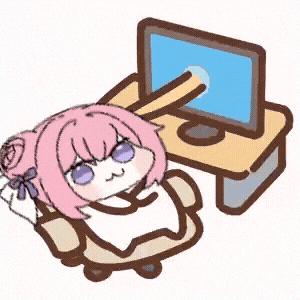 ゆるキャラ,デフォルメ,ピンク髪,パソコン,アニメ風,かわいい,椅子
