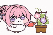 キャラクター,デフォルメ,ピンク髪,水やり,植物,鉢植え,かわいい