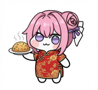 キャラクター,ピンク髪,紫目,チャイナドレス,中華,炒飯,皿,リボン