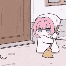 アニメ,キャラクター,ピンク髪,掃除,ほうき,かわいい,チビキャラ,室外,擬人化,日常